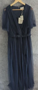 Anaya Love Women's Maxi Dress V Neckline Short Sleeve UK 18 Frilly Long Navy - Picture 1 of 15