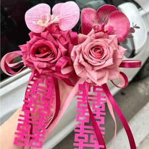 2Pcs Artificial Ribbon Wedding Car Flower Bridal Car Decoration Photo Props - Picture 1 of 17