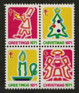 1971 WX245 Angel/Candle/Tree/Trumpeter Block of 4 US Christmas Seals VF-XF MNH - Picture 1 of 2