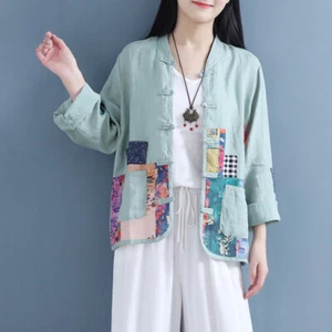Women Ethnic Cardigan Coat Patchwork Cotton Linen Shirt Jacket Retro Casual Top - Picture 1 of 13