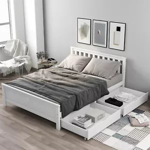 Wooden Single Double Bed Frame White With Storage 2 Drawers Bedroom Furniture - Picture 1 of 47