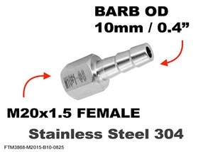 M20x1.5 FEMALE to BARB OD 10mm / 0.4" Stainless Tail Adaptor Hose Connector - Picture 1 of 6