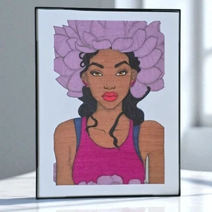 Schwarzes Mädchen in voller Blüte | 9" x 7" Original Marker Kunst | Glasrahmen - Bild 1 von 4