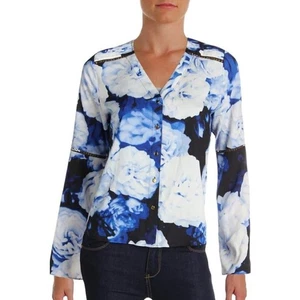 NWT Calvin Klein Blue Floral Bell Sleeves Button Down Blouse Size Small  - Picture 1 of 9