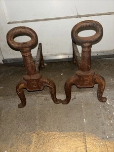 VINTAGE “STAMPED NO. 2” Cast Iron Keyhole Fireplace Andirons Firedogs Rusty - Picture 1 of 4