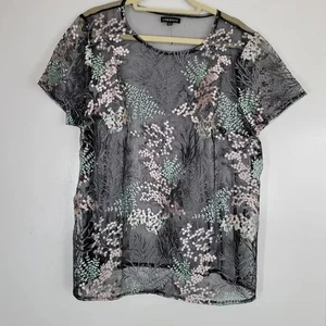 Lane Bryant-Black Pink Gray Green Floral Embroidered Semi-Sheer Top-18/20 - Picture 1 of 13
