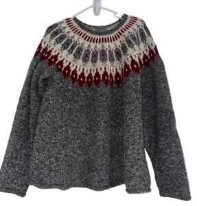 Vintage Eddie Bauer Womens Wool Blend Sweater Sz XL Gray Red Nordic Rolled Neck
