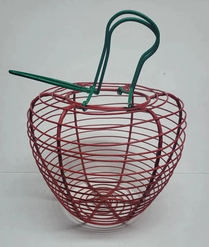 Farmhouse Chicken Wire Red Apple Shaped Egg Basket w Green Handle Storage Decor Cover