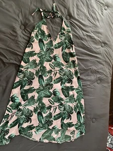 Boohoo size 10 Palm Leaf Pink and Green Halter High Low Dress Tropical - Picture 1 of 4