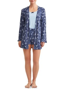 JV Apparel Women's 3-Piece Short Cami and Robe Sleep Set, Blue, Large - Picture 1 of 4