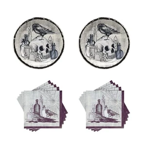 Halloween and Raven Skull Gothic Paper Plates and Napkins Set - Picture 1 of 3
