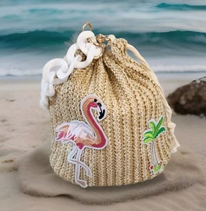 Flamingo Crochet Bag Palm Tree Drawstring Purse Natural Tan w White Handle Small - Picture 1 of 17