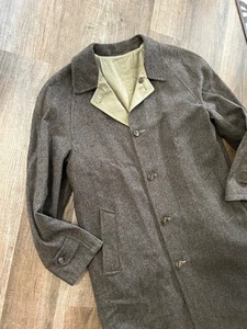 brown herringbone wool tweed fully reversible minimalist rain overcoat coat 40L - Picture 1 of 6