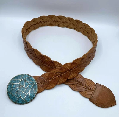 Chicos Mujer Cinturón Boho Turquesa Metal Hebilla Redonda Tejido Cuero Trenzado Pequeño Foto 1 de 4