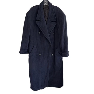Trench coat de lã vintage Perry Ellis azul marinho longo peito duplo tamanho XL alfaiate - Imagem 1 de 4