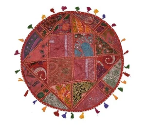 Indian Recycled Fabric Patchwork Round Cushion Cover 30" Red with Tassels - Picture 1 of 5