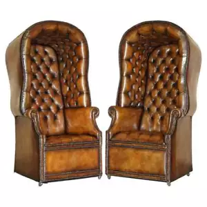 PAIR OF LATE VICTORIAN HAND DYED BROWN LEATHER CHESTERFIELD PORTERS ARMCHAIRS - Picture 1 of 12