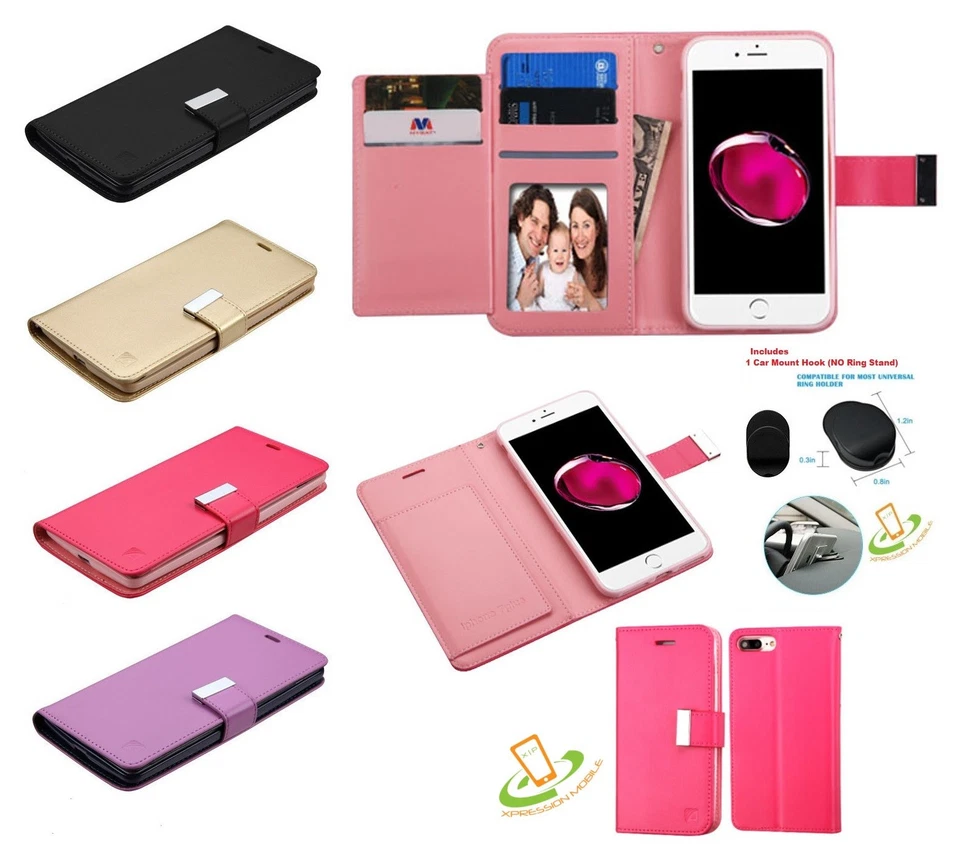 For Apple iPhone 7 8 Plus 5 Card Slot Leather Flip Wallet Case Cover Pouch +Hook - Image 1 of 4
