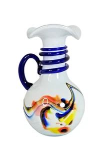 Jarrón/jarra/jarrón de vidrio artístico de Murano con mango de cobalto aplicado - Imagen 1 de 9