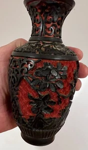 Pair of Chinese Cinnabar Vases 6” Red Black  & Brass w/ Blue Enamel - Picture 1 of 16