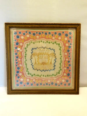 VTG WWII SILK HANDKERCHIEF EMBROIDERED PACIFIC OCEAN 1943 W/ PALM TREES FRAMED - Image 1 of 4