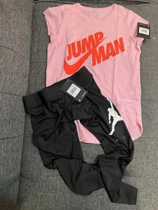 NEW NIKE Air Jordan Black LEGGINGS + NIKE Air Jordan Pink T SHIRT Girls Size L - Picture 1 of 9