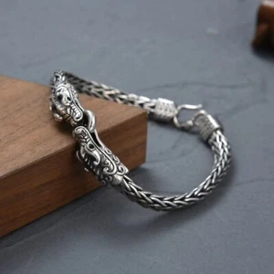 Real 925 Stering Silver Dragon Head With Wheat Link Bracelet 7.87inch - Picture 1 of 7
