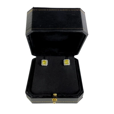 WHITE GOLD FINISH Round Cut Yellow Citrine and Created Diamond Stud Earrings - Image 1 of 4
