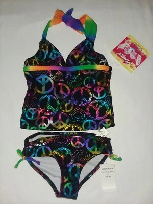 Biquíni Tankini Angel Beach preto arco-íris folha sinal de paz corações tamanho 4 meninas natação - Imagem 1 de 4