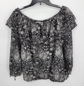 Michael Kors Top Womens Medium Black White Floral Paisley Ruffle Neck Blouse - Picture 1 of 8