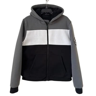 Sudadera con Capucha Rocawear Mediana Sherpa Forrada Bloque de Color, Negra, Gris y Blanca Cremallera Completa Foto 1 de 4