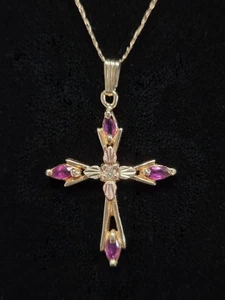 10K Black Hills Gold Diamond Ruby Cross Pendant Necklace 20" Chain Vtg Landstrom - Picture 1 of 20