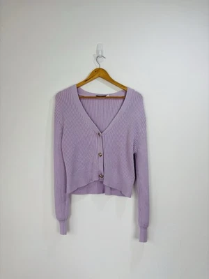 Mint Velvet Cardigan Women Size Large Lilac Purple Ribbed Heart Buttons V Neck - Image 1 of 4