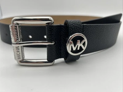 Michael Kors Belt Women's Small Black Genuine Leather Silver MK Logo Buckle - Image 1 of 4