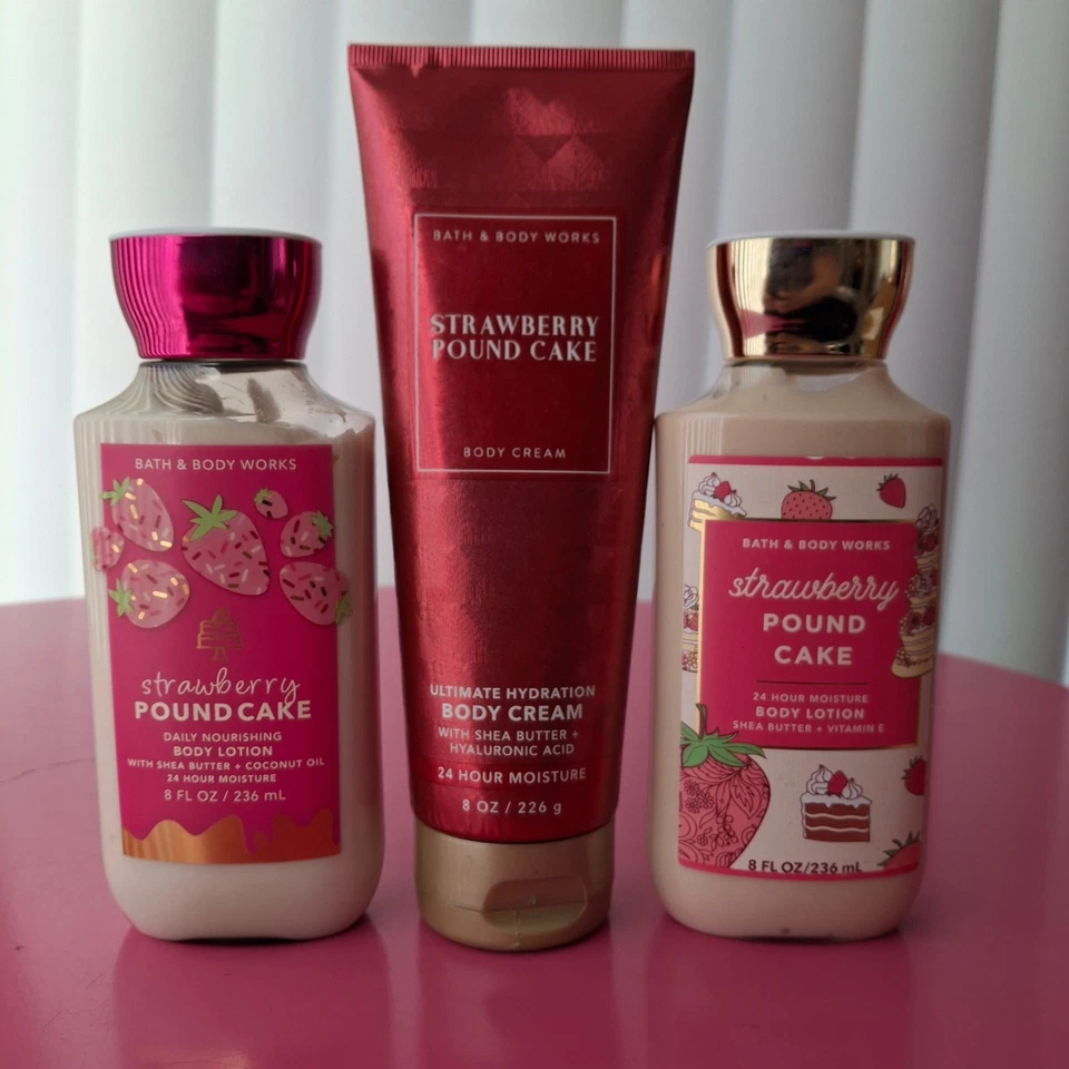 Bath & Body Works STRAWBERRY POUND CAKE Crema Corporal Loción 8 OZ Juego de 3 Foto 1 de 2