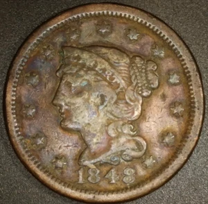 1848 Braided Hair Large Cent 1c, Nice F 13 Stars - FREE SHIPPING - Picture 1 of 2