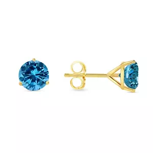 3 Ct Round Cut Blue Earrings Studs Solid Real 14K Yellow Gold Push Back Martini - Picture 1 of 3