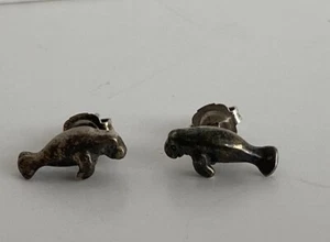 Sterling Silver TINY MANATEE Designer Earrings Pierced Post Stud Animal Sea Cow - Picture 1 of 8