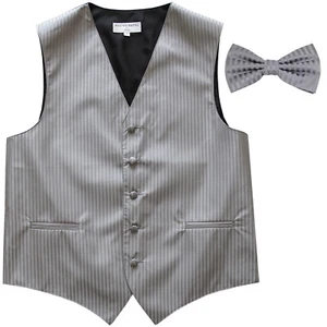New Men's Vertical Tone on Tone stripes tuxedo Vest Waistcoat & bowtie gray - Picture 1 of 4