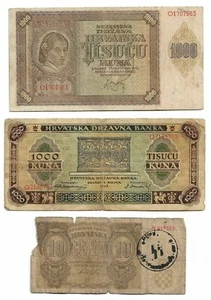 Kroatien (NDH) WWII Banknoten, 1000 Kuna 1941, 1000 Kuna 1943, 10 Kuna 1941 Stempel - Bild 1 von 2