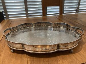 Antique Silver Plated Gallery Tray Footed Cocktail Scalloped-round SHEFFIELD
