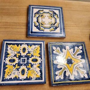 3er Set blau & gelb handbemalt Vintage 6 Zoll Kunstfliese - Bild 1 von 5