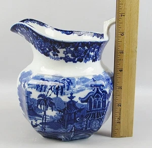 Antique 19th Wedgwood Etruria Chinese Blue White Pitcher Pagoda Asian Landscape - Picture 1 of 9