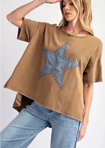Easel Distressed Star Top Womens Large Tan Y2K Patchwork Boho Grunge Cotton - Picture 1 of 12