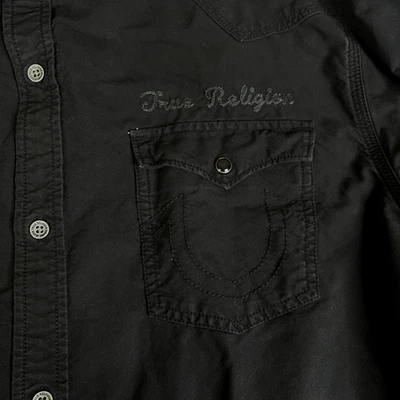 True Religion Shirt Mens 3XL Denim Pearl Snap Metal Button Slim Embroidered - Image 1 of 4