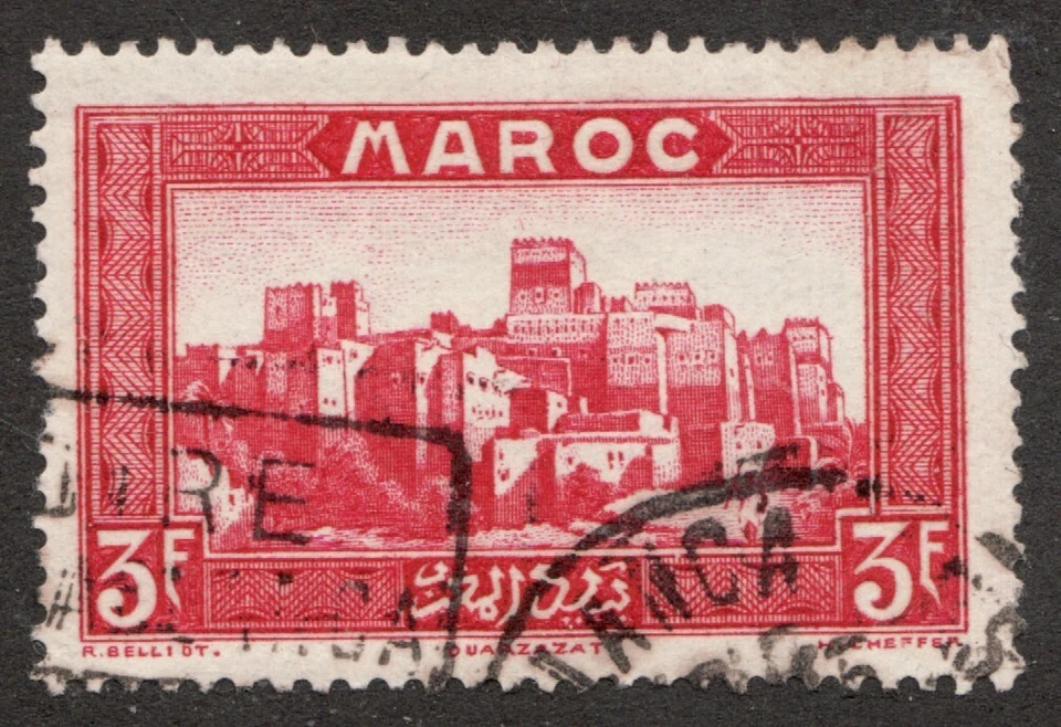 1933 French Morocco Sc #144 - Arquitetura 3F. Selo postal usado Cv$ 6,50 - Imagem 1 de 1