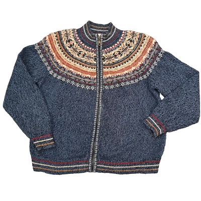 VTG Fair Isle Cardigan Sweater Womens PM Blue Zip Nordic Cottagecore 90s Cabin - Image 1 of 4