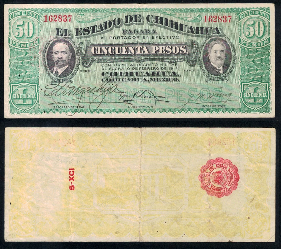 #1855: **NOTA DE ERRO RARA** M928f: EDO DE CHIHUAHUA 50 PESOS com VERT. SEAL & CLs - Imagem 1 de 1