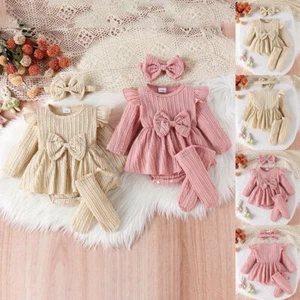 Newborn Baby Girls Ribbed Ruffle Romper Tops Dress Socks Outfit Clothes Set - Picture 1 of 18