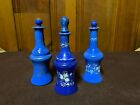 Opaque, 3 piece set of condiment bottles of gilded & painted blue opaline glass